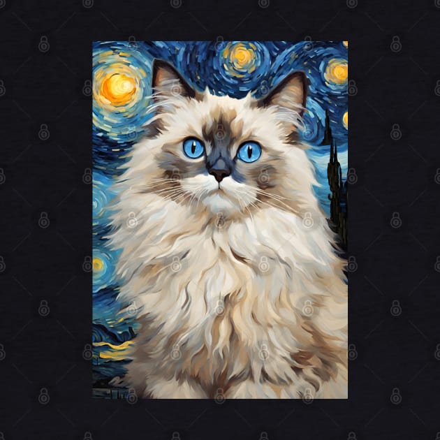 Cute Ragdoll Cat Breed Painting in a Van Gogh Starry Night Art Style by Art-Jiyuu